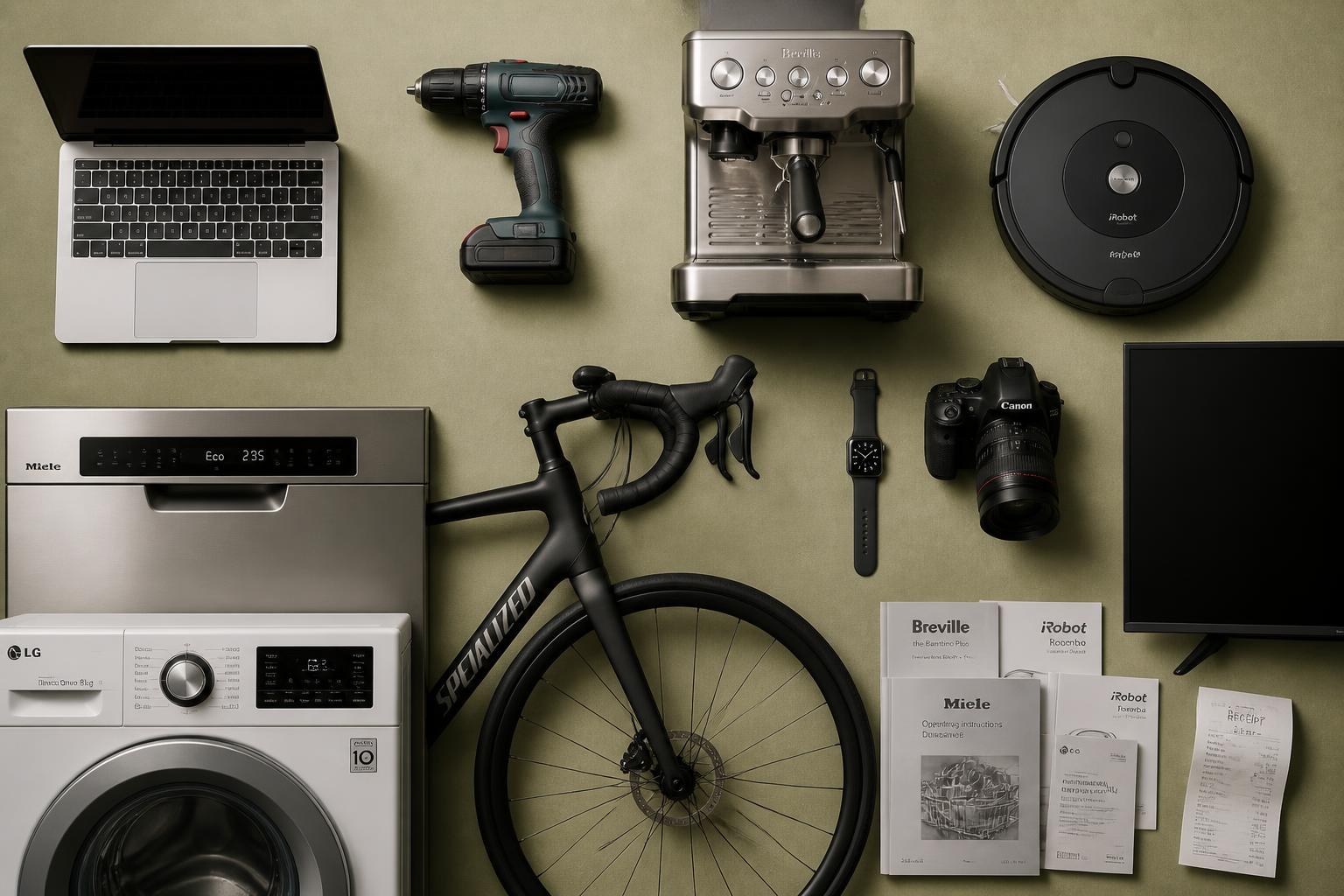 A flat lay of household items an owner keeps track of: espresso machine, drill, laptop, bicycle wheel, camera, guitar, kettle and more